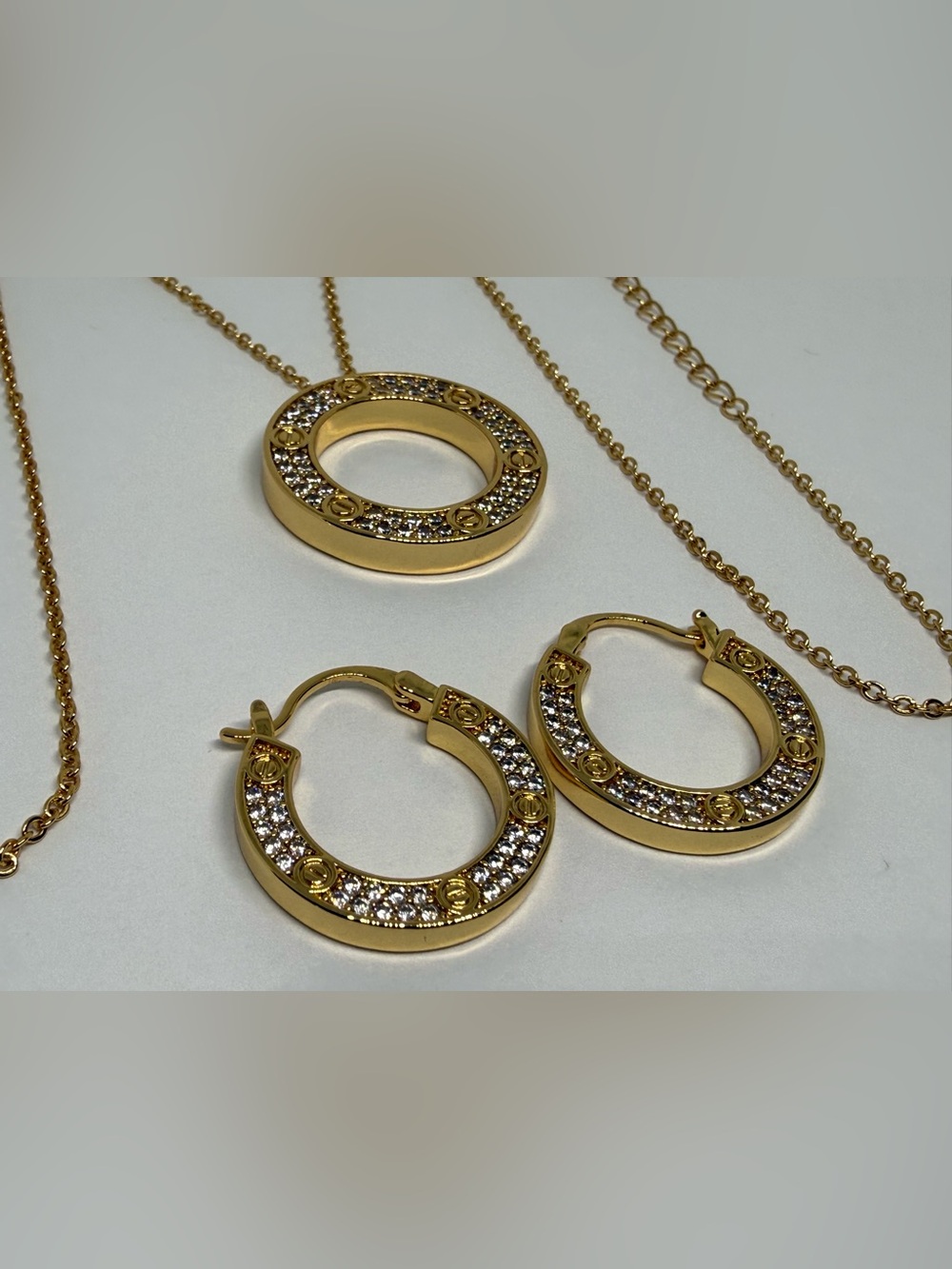 Gold Tone Crystal-Accented Hoop Necklace and Earrings Set